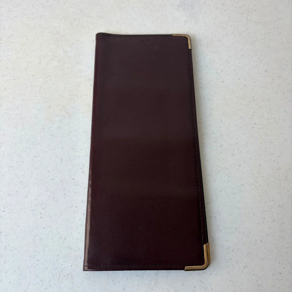 Vintage‎ Burgundy Leather Business Card Holder Gold Corner Slim Card Organizer